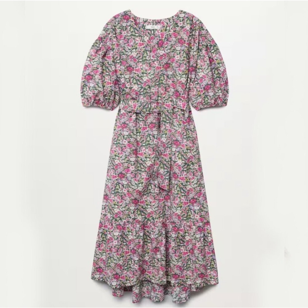 MNG By Mango Linda Dress Midi Pink Ditzy Floral Puff Sleeve - Picture 4 of 11